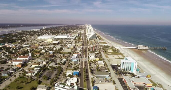 "Daytona Beach, FL USA - 12-10-2020: High-altitude drone video footage flying over A1A in Daytona Beach."