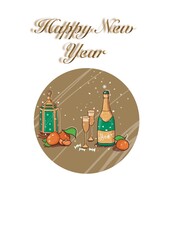 New year holiday postcard with champagne and glasses and lantern and tangerines 