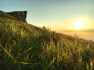 Beautiful landscape of sunrise at Phu Chi Fah mountain at Chiang Rai, Thailand