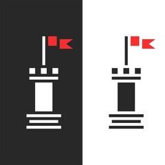 Watchtower fortress tower with loopholes and a red flying flag, security company logo, black and white medieval symbol, minimal style.
