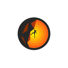 Silhouette of a climber hanging on a rock on one arm solo climbing athlete at sunset, mountaineering logo, creative round illustration for t-shirt print.