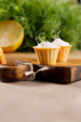 Canapes with light cream filling. Still life with microgreens. The concept of an appetizing snack.