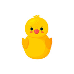 Rubber duck isolated in white background. Front view of yellow plastic duck toy. Vector illustration in cartoon style