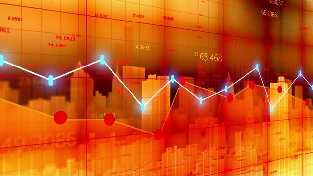 4K financial chart with tech city background,Business tech digital Data trend hud Graph,Changing Economic node line,Digital Tableau of Stock Market Values.