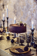 Christmas table with chocolate cake
