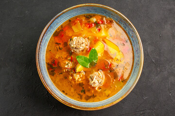 top view tasty vegetable soup with meat and potatoes on dark background dish plate meal food