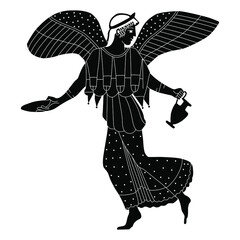 Winged ancient Greek goddess of victory Nike holding vessel and cup. Vase painting style. Black and white silhouette.	 - obrazy, fototapety, plakaty