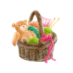 クマのぬいぐるみと毛糸が入ったバスケット
