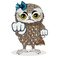 emoji with angry aggressive owl girl who shows her fist as a warning, mad female bird preparing to punch someone in the face, hand drawn emoticon, colorful picture