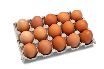 Brown raw chicken eggs in a cardboard box for eggs.Food background.