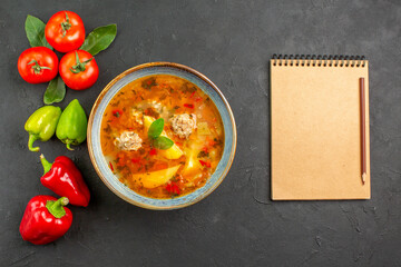 top view tasty meatballs soup with vegetables on a dark background sauce dish colors