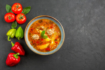 top view tasty meatballs soup with vegetables on dark background sauce dish colors