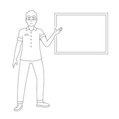 Guy points with his hand to a blank whiteboard, a man shows a report. Vector illustration in cartoon style isolated on white background.