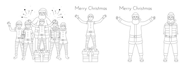 Santa Claus and elves set of cartoon outline vector illustrations.