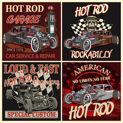 Set of vintage Hot Rod metal signs,t-shirt print.