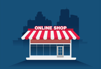 Online store. Sale, Laptop with awning isolated on color background