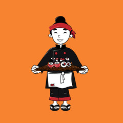Sushi chef in rad, black and white ,with sushi rolls in his hands. Japanese restaurant. Sashimi