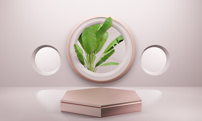 Stones Podium pink pastel for packaging presentation and cosmetic, banana leaves in the circular window on wall. Product display with warm plaster texture. realistic rendering. 3d illustration