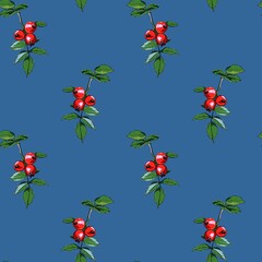 Seamless pattern of a branch of wild rose. Botanical sketch of red rose hips and green leaves. Bright berries are hand-drawn
