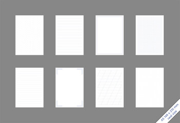set of A5 sheets with a different pattern checkered, narrow and wide lines, dots, empty with a frame. the actual real size of the sheets is 148 x 210 mm - obrazy, fototapety, plakaty