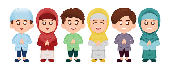 Set of Simple Cute Muslim or Moslem Kids Boy and Girl Smile in Colorful Theme Concept