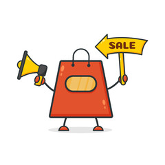 Cute shopping bag. Illustration vector graphic shop bag cartoon character with megaphone  holding sale banner. Perfect for Ecommerce, Symbol of promotion sale, store web element. 