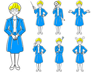 眼鏡をかけたビジネスウーマンのポーズ　7種類のセット
