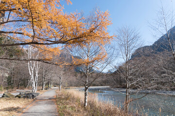 Naklejka na ściany i meble Kamikochi high mountain valley located in the Hida Mountains.Azusa River beautiful landscape National Parks in Nagano Japan