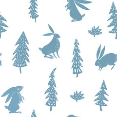 Seamless vector monochrome pattern with hares and fir trees. Winter forest pattern