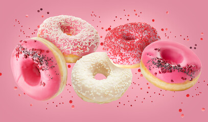 Sweet flying donuts on color background