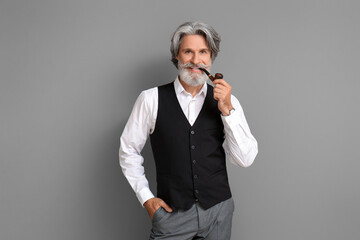 Mature man with smoking pipe on grey background