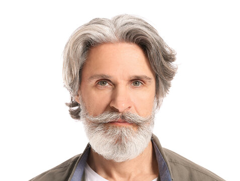 Portrait Of Mature Man With Grey Hair On White Background