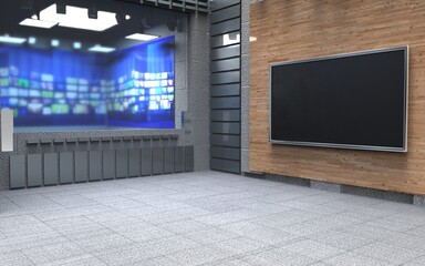 Backdrop For TV Shows .TV On Wall.3D Virtual News Studio Background, 3d illustration
