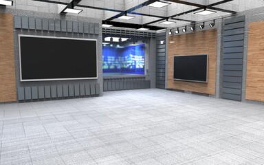 Plakat Backdrop For TV Shows .TV On Wall.3D Virtual News Studio Background, 3d illustration 