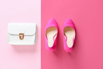 Stylish female shoes and bag on color background