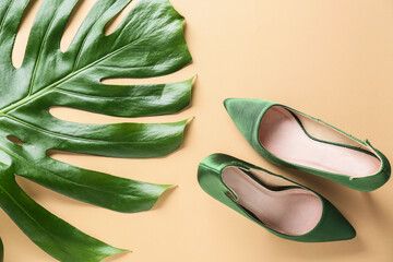 Fototapeta na wymiar Stylish female shoes and leaf on color background