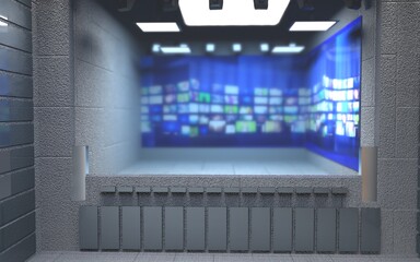 Backdrop For TV Shows .TV On Wall.3D Virtual News Studio Background, 3d illustration
