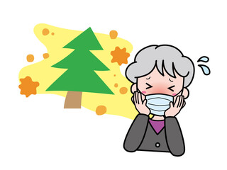 花粉症で苦しい困っているおばあさん
