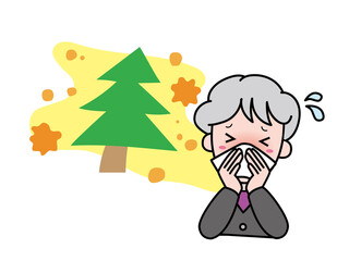 花粉症で鼻をかむおばあさん（鼻水が止まらない）