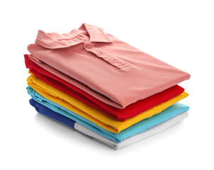 Stack of male shirts on white background