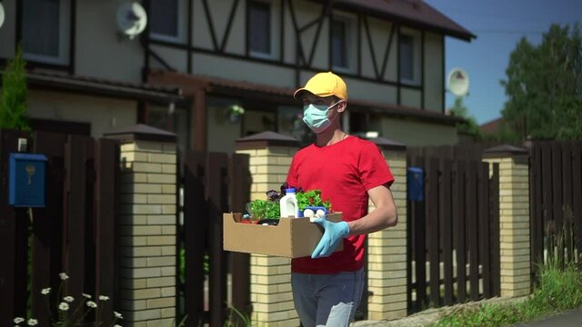 Delivery man carry box with vegetable food Spbd. wear face mask. Courier or volunteer, worker of express grocery service deliver healthy organic vegetables. Concept donation, charity