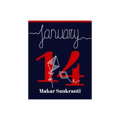 Calendar sheet, vector illustration on the theme of Makar Sankranti on January 14. Decorated with a handwritten inscription JANUARY and kites.