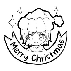Doodle cute boy with Christmas hat. Black line cartoon hand drawn for coloring and any design. Text 'Merry Christmas' on ribbon label. Vector illustration of kid art.