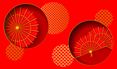 Red and gold paper fans and traditional red umbrella. Oriental Holiday Lunar New Year. Vector EPS10