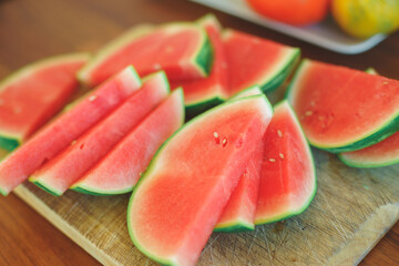 Bright red fresh watermelon slices top view.