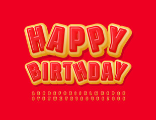 Vector tasty greeting card Happy Birthday. Red Glazed Font. Sweet Alphabet Letters and Numbers set