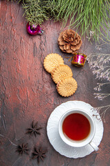 top view cup of tea with cookies on dark background biscuit sweet tea