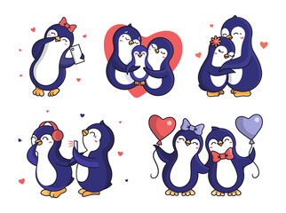 The set of funny penguins for Happy Valentine's Day.
