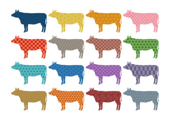 カラフルな和柄の牛のアイコンイラスト