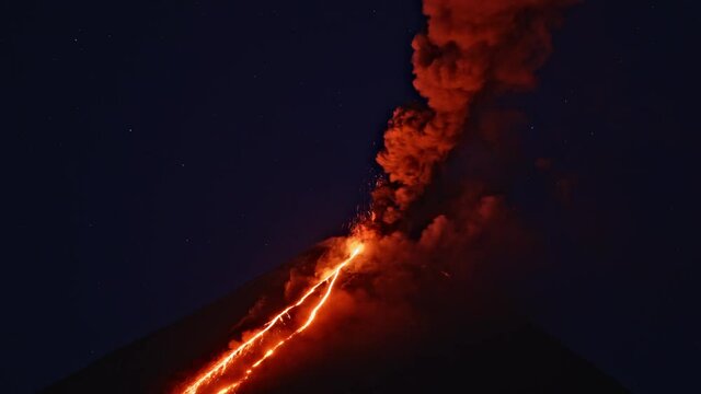Night timelapse of Klyuchevskaya Sopka or Klyuchevskoy volcano eruption on Kamchatka. Smoke and burning lava erupting from vent. Concept of wild nature and geology. Stars moving on sky.